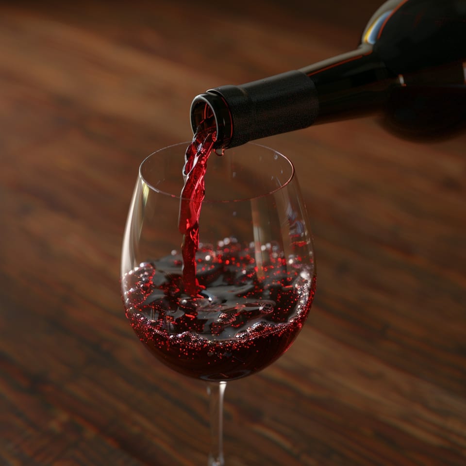 Red wine pouring from a bottle into a glass, creating bubbles on a wooden background.